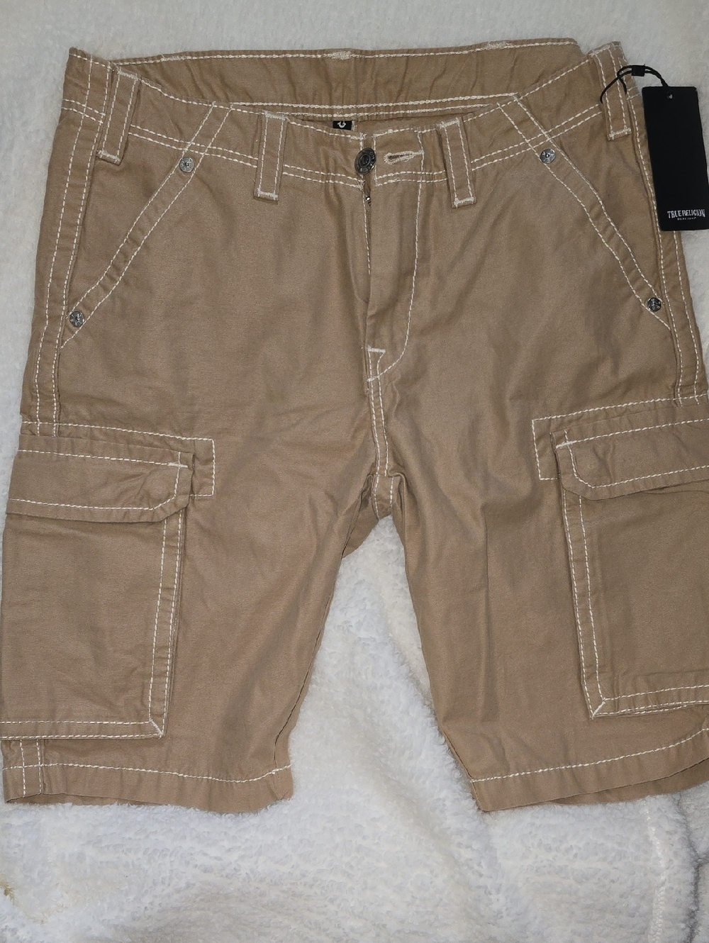 True Religion Khaki Cargo Shorts with White Contrast Stitching